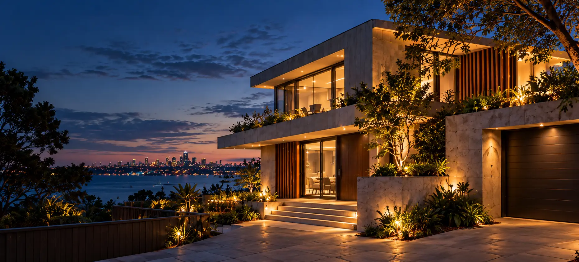 Illustrative contemporary home with architectural lighting at dusk
